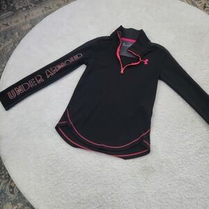 Under Armour Girls HeatGear Quarter Zip Pullover Black Pink Logo Youth Large